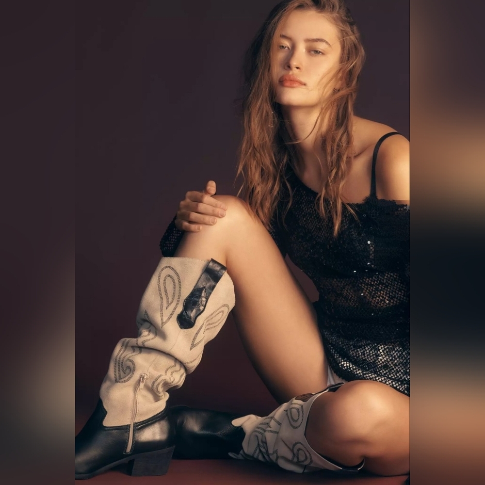 Pilcro Contrast Black and Cream Tall Western Boots
